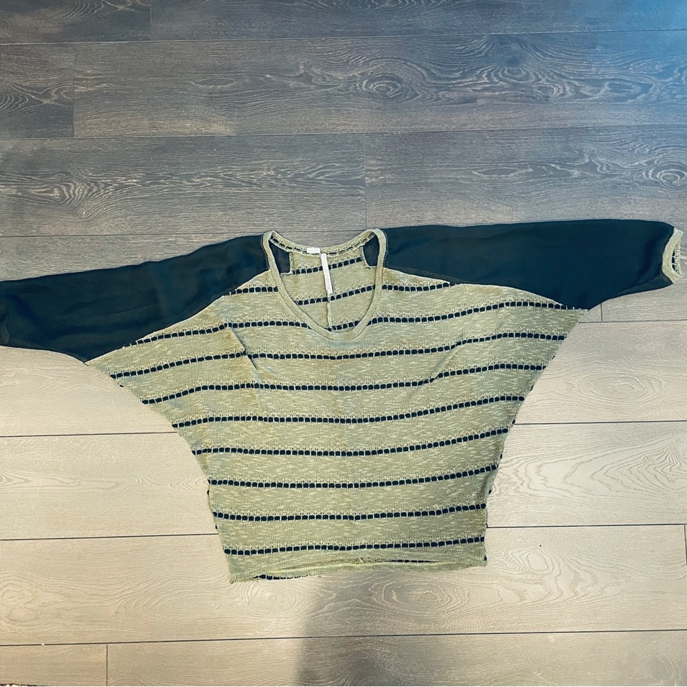 Harmony Mesh 3/4 Sleeve Olive Green Striped See Through Woven Slouchy Sweater